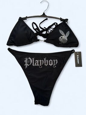 Playboy NWT Rhinestone Black Logo Bikini Set - Size M